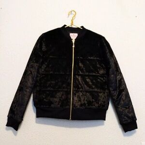 Juicy Couture Black Crushed Velvet Bomber Jacket With Goldtone Zipper Size M
